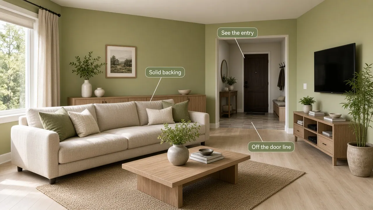 Feng shui couch placement: host seat before the TV wall