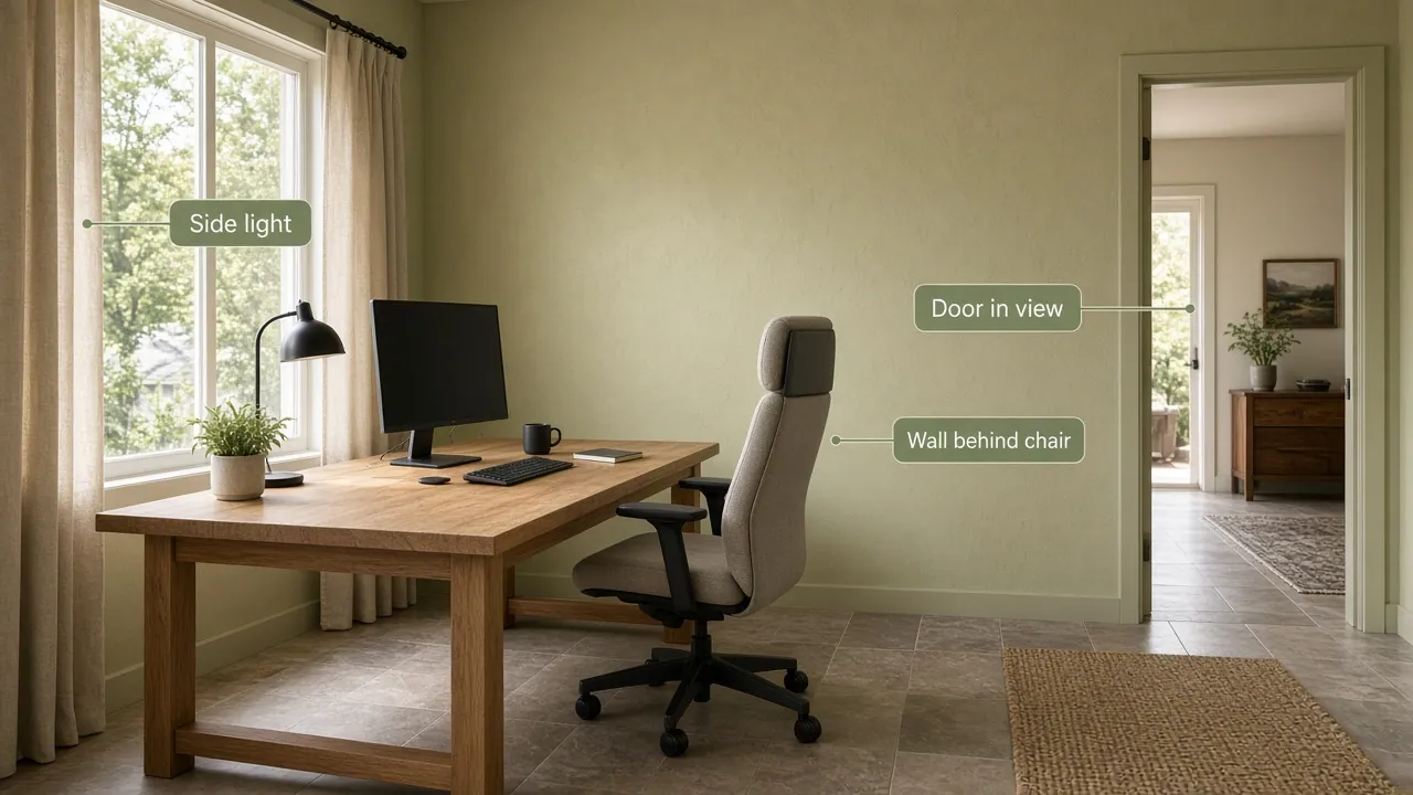Feng shui office layout with window: light from the side, wall behind the chair
